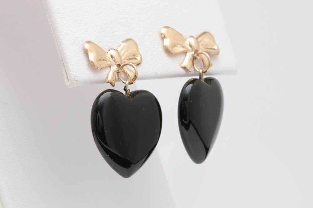 14K Yellow Gold and Black Chalcedony Heart Dangle Earrings