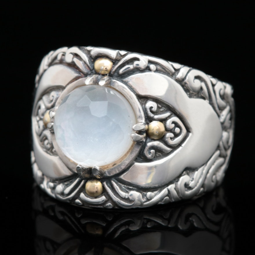 Sterling Silver, 18K Yellow Gold, White Topaz and Mother of Pearl Doublet Ring