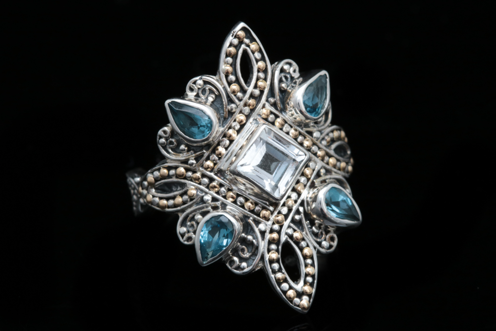 Robert Manse Sterling Silver, 18K Yellow Gold, White and Blue Topaz Ring
