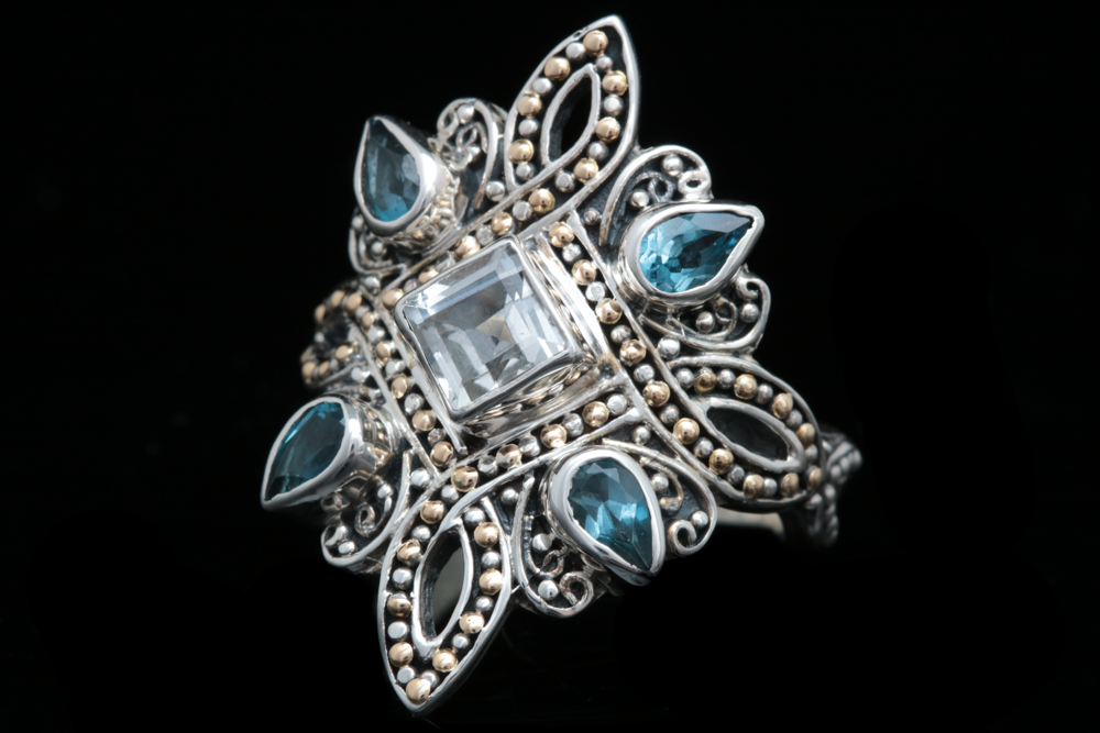 Robert Manse Sterling Silver, 18K Yellow Gold, White and Blue Topaz Ring