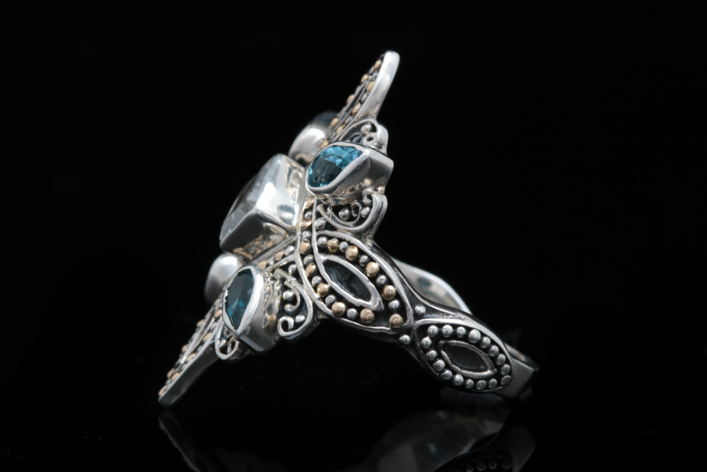 Robert Manse Sterling Silver, 18K Yellow Gold, White and Blue Topaz Ring