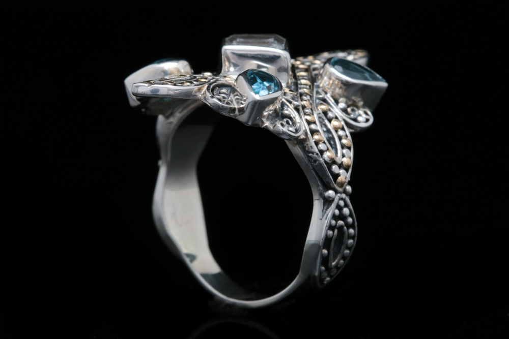 Robert Manse Sterling Silver, 18K Yellow Gold, White and Blue Topaz Ring