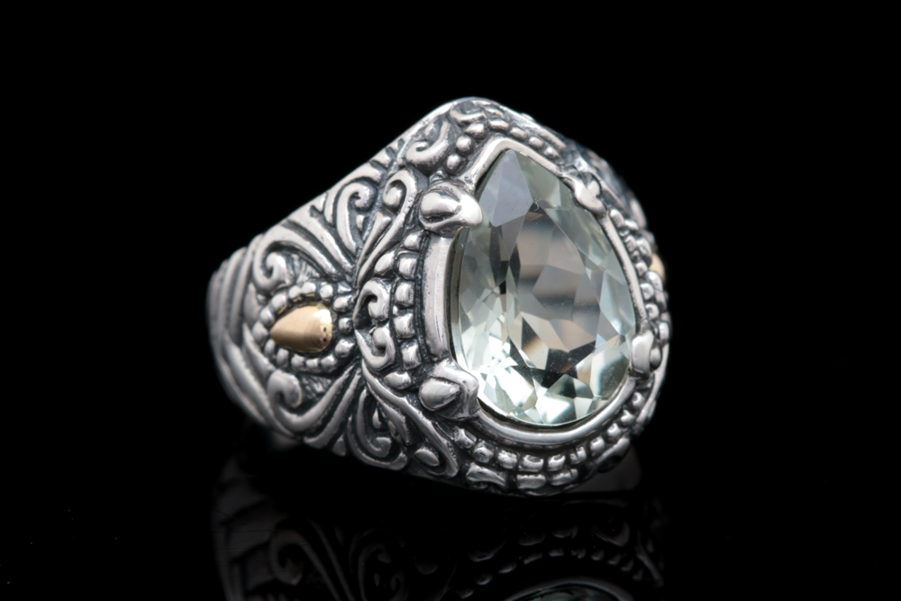 Sterling Silver, 18K Yellow Gold and Praseolite Ring