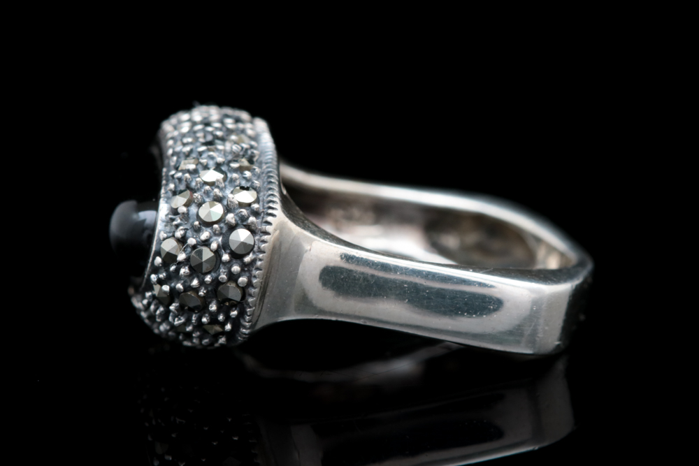Sterling Silver, Black Chalcedony and Marcasite Ring