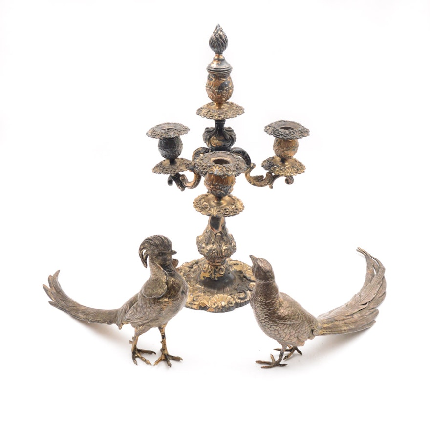 Antique Simpson, Hall & Miller Candelabrum and Jennings Brothers Table Pheasants