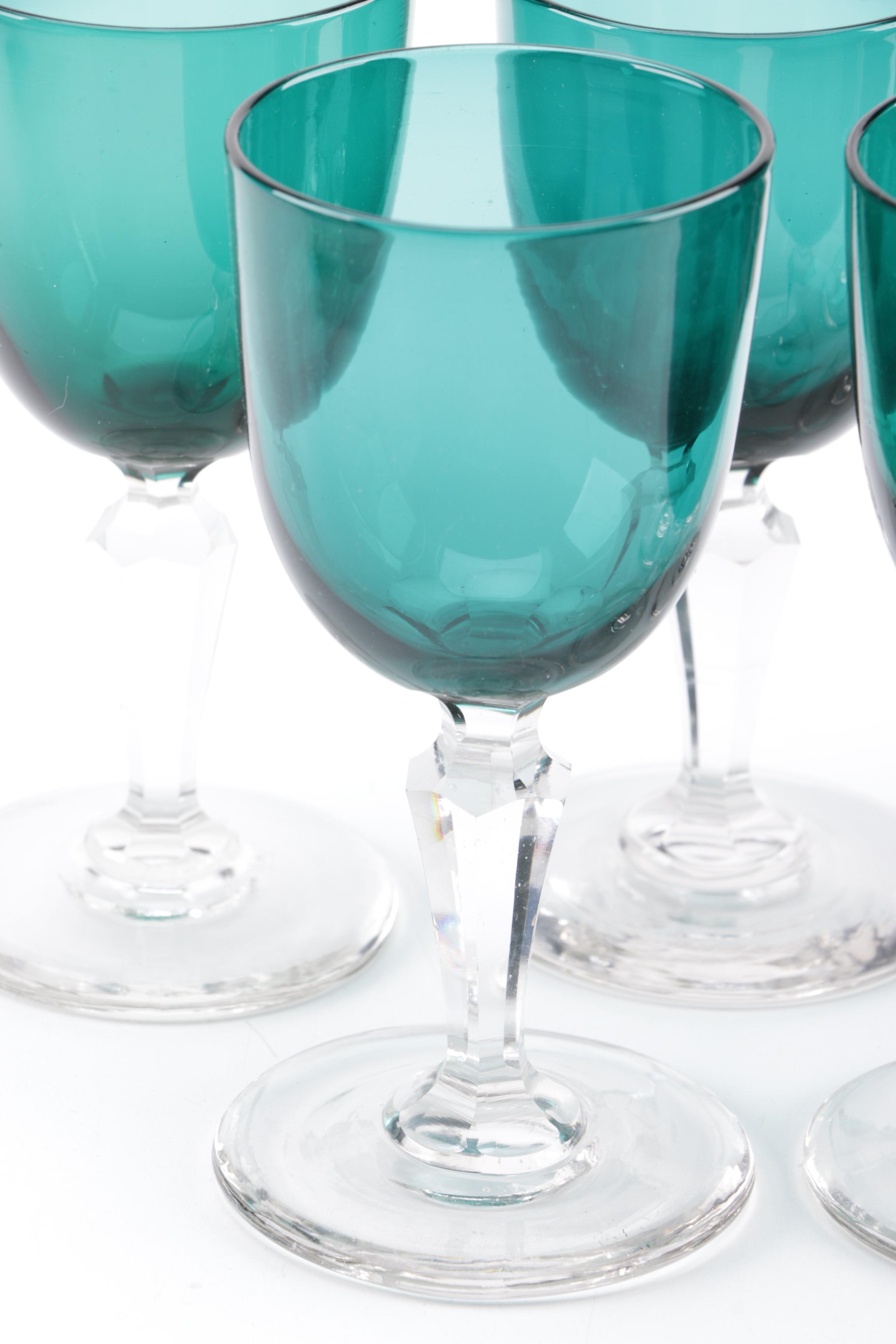 Tiffin "King's Crown" Goblets and Green Wine Glasses