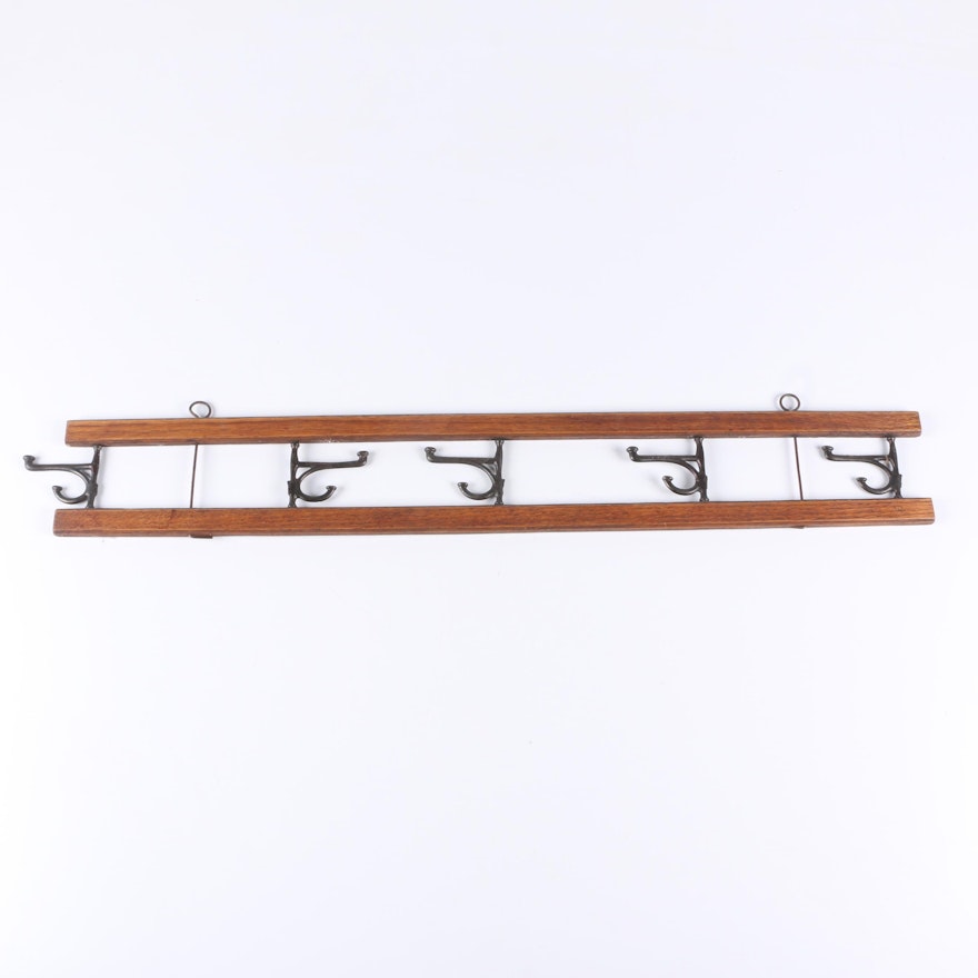 Arts and Crafts Style Oak and Wrought Iron Wall Coat Rack