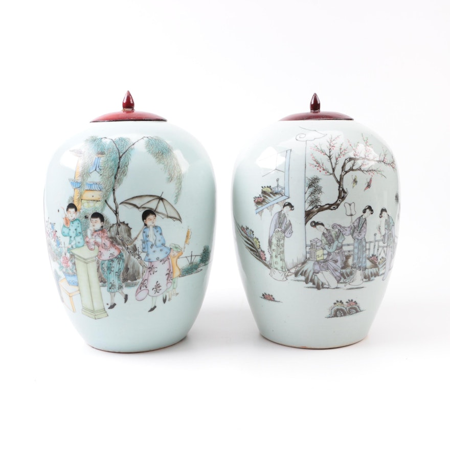 Vintage Chinese Enameled Porcelain Urns