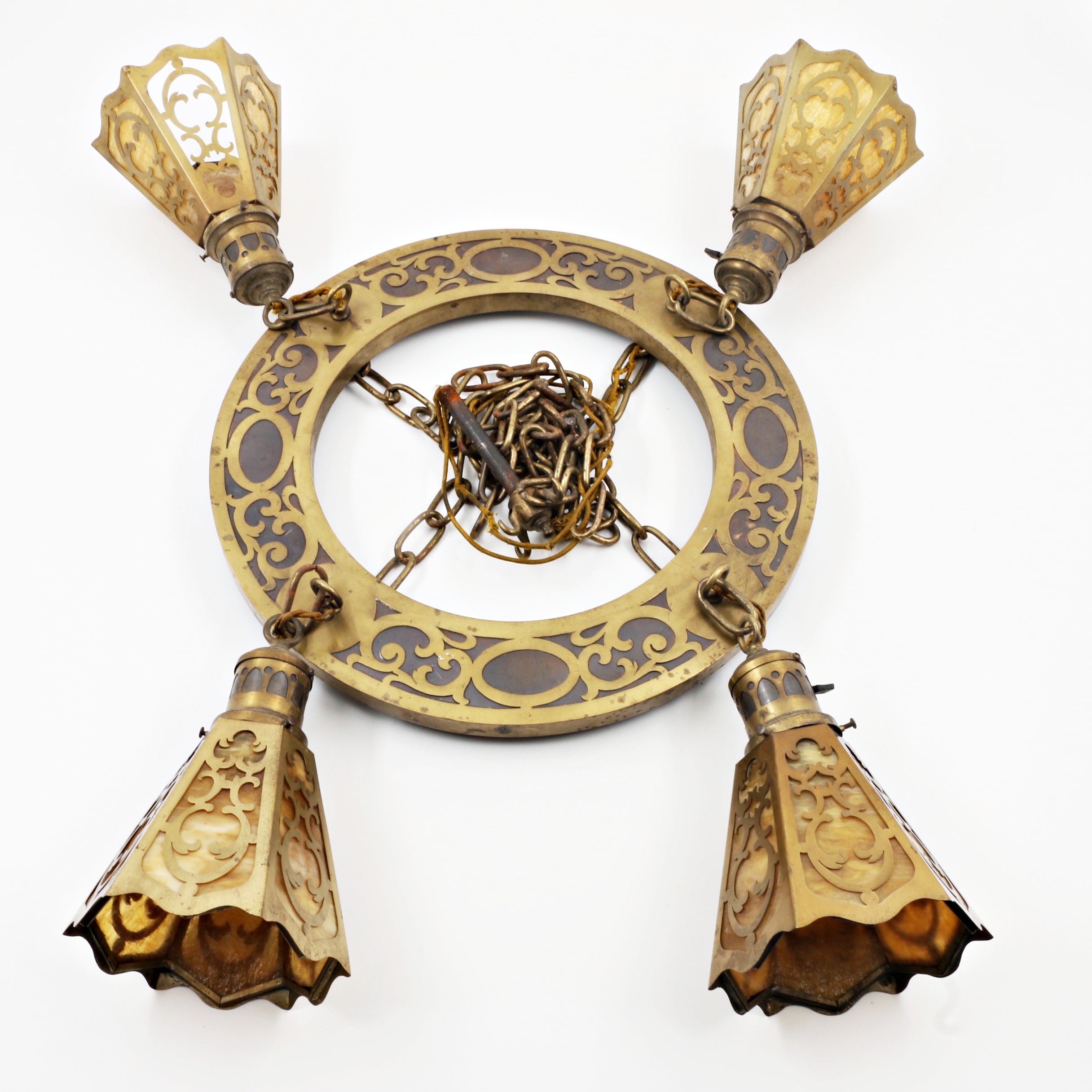 Vintage Brass Four Shade Caramel Slag Glass Hanging Light Fixture