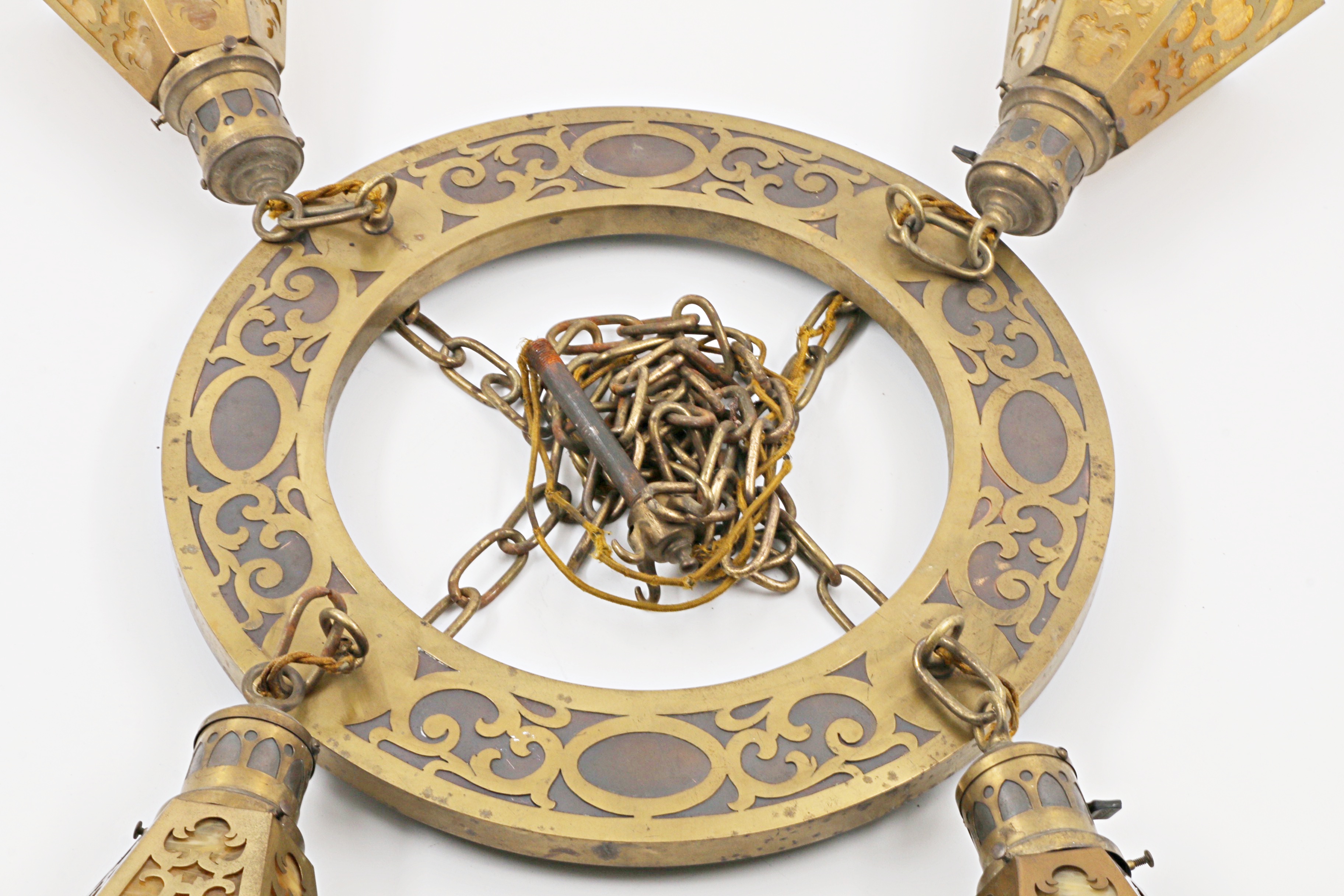 Vintage Brass Four Shade Caramel Slag Glass Hanging Light Fixture