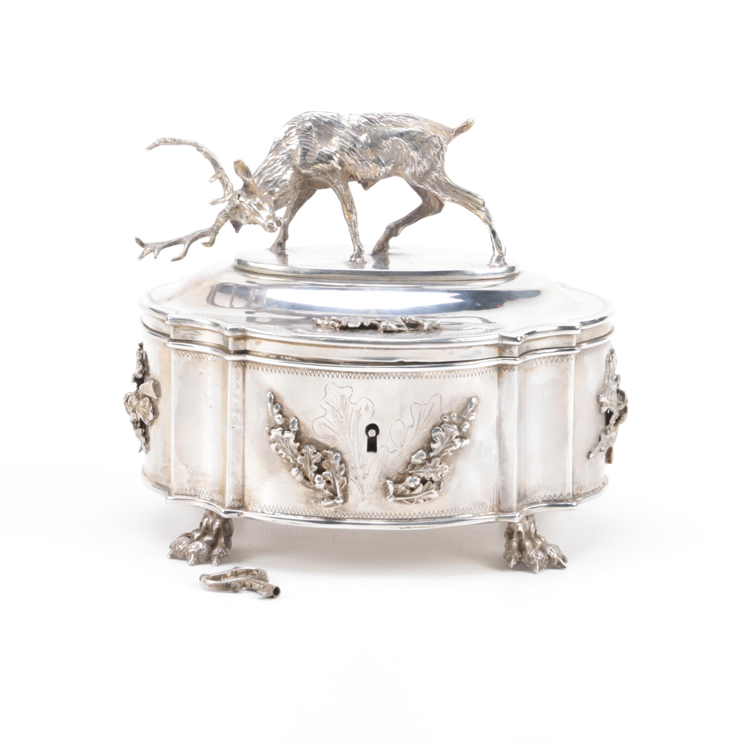 1844 Pavel Fedorovich Sazikov Russian 875 Silver Breakfront Box with Buck Figure