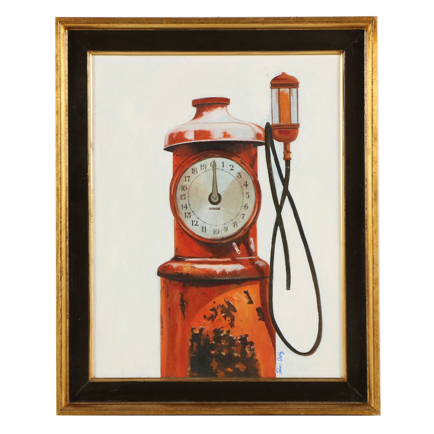 Jaime Ortiz Oil on Canvas Painting of an Antique Gasoline Pump