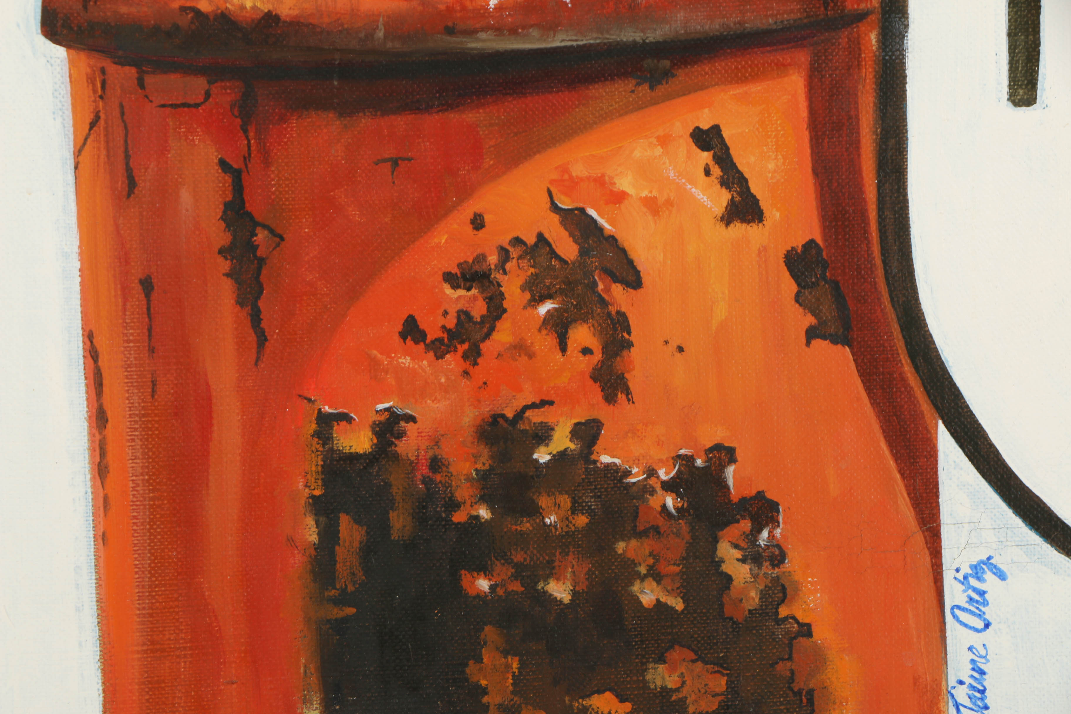 Jaime Ortiz Oil on Canvas Painting of an Antique Gasoline Pump