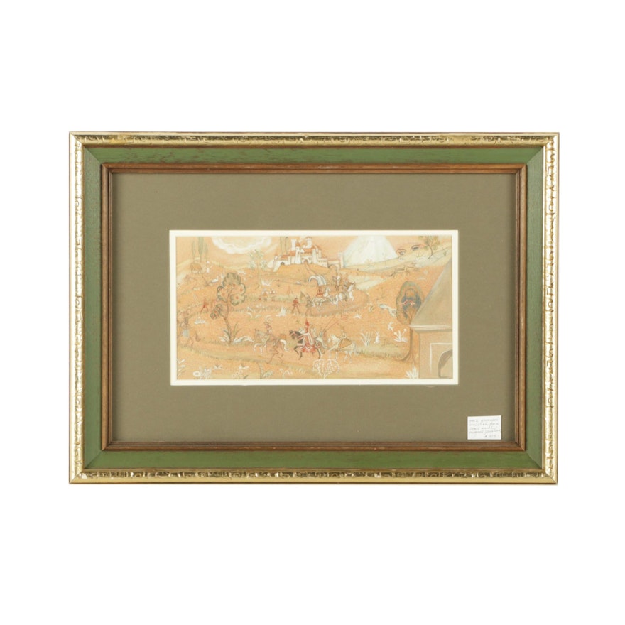 Antique Watercolor on Paper of Persian Figures on Horseback