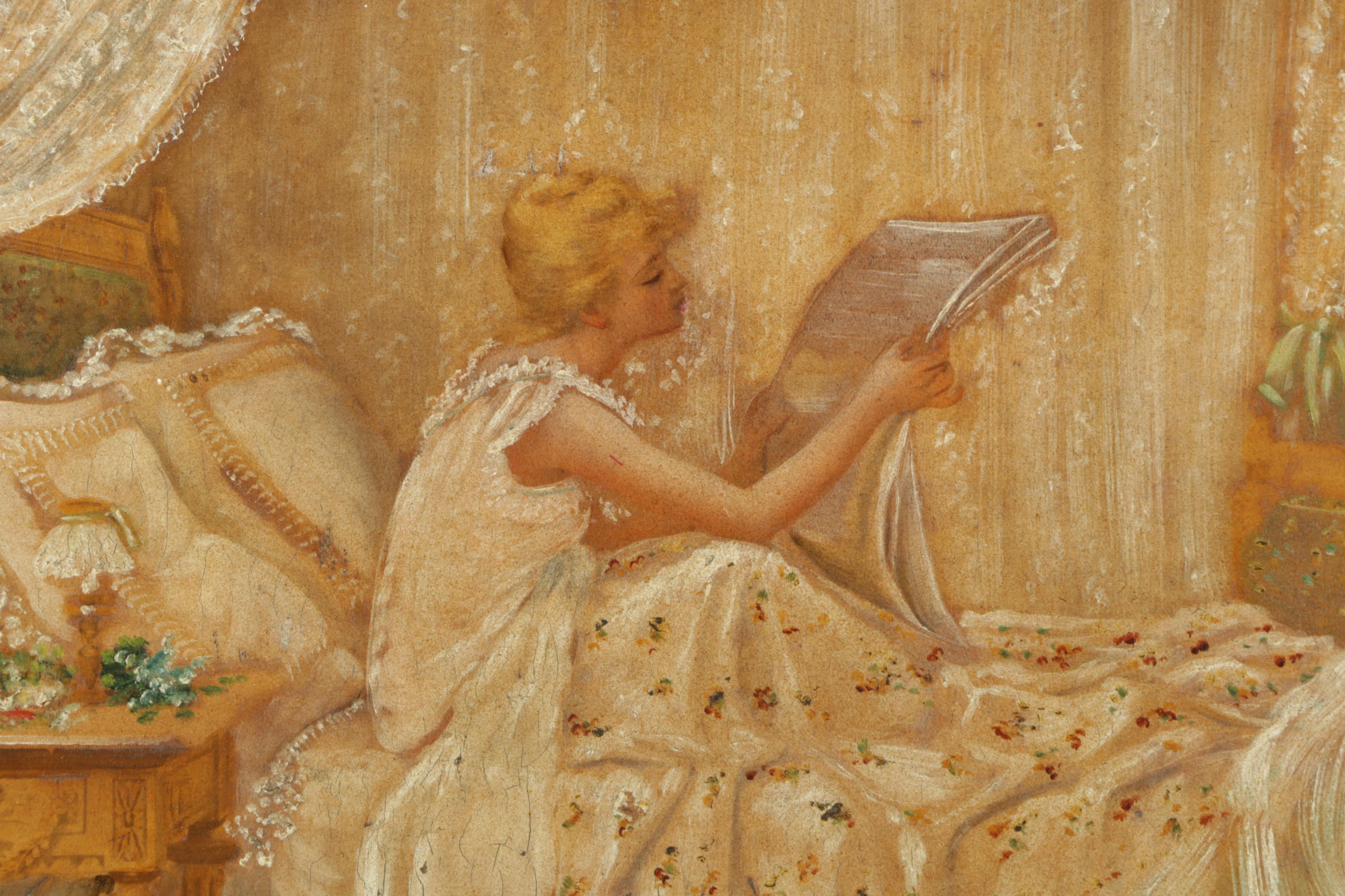 M.B. Oil Painting of a Woman Reading the Paper