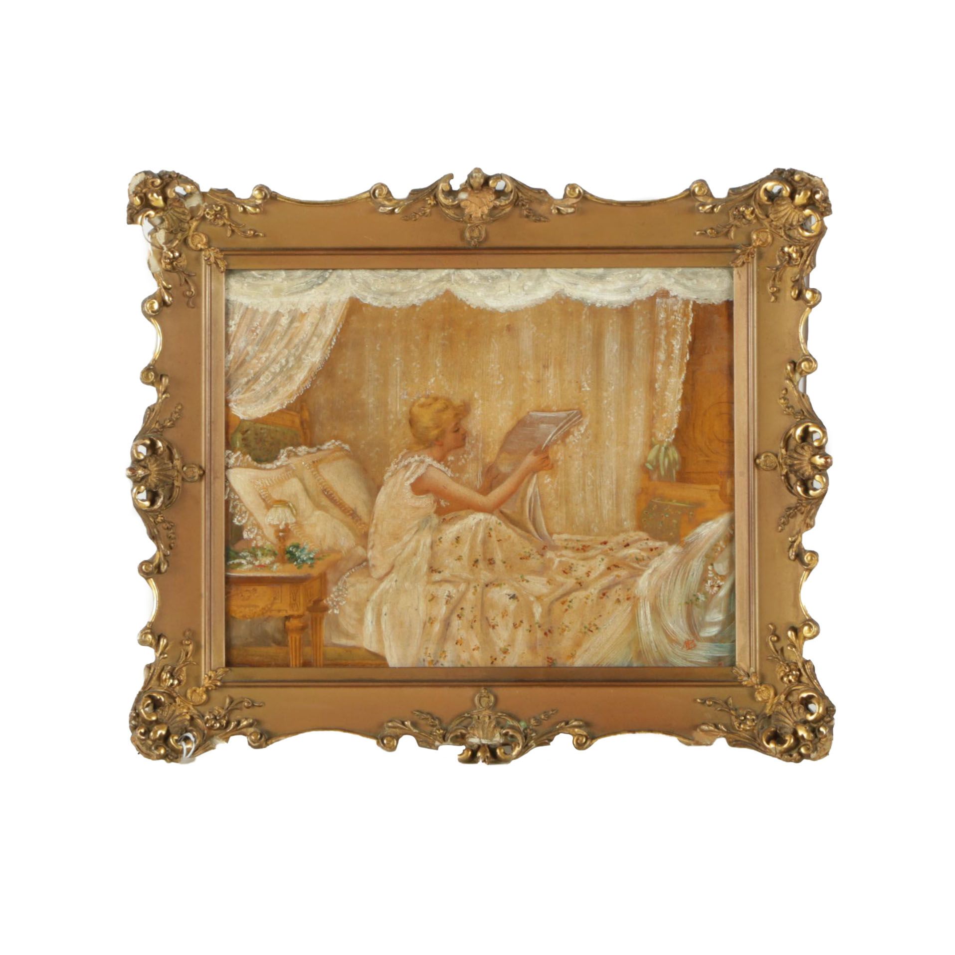 M.B. Oil Painting of a Woman Reading the Paper