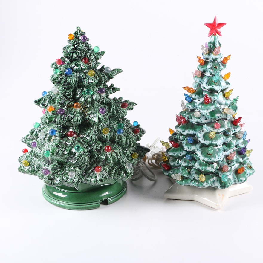 Pair of Vintage Ceramic Christmas Trees with Colored Lights