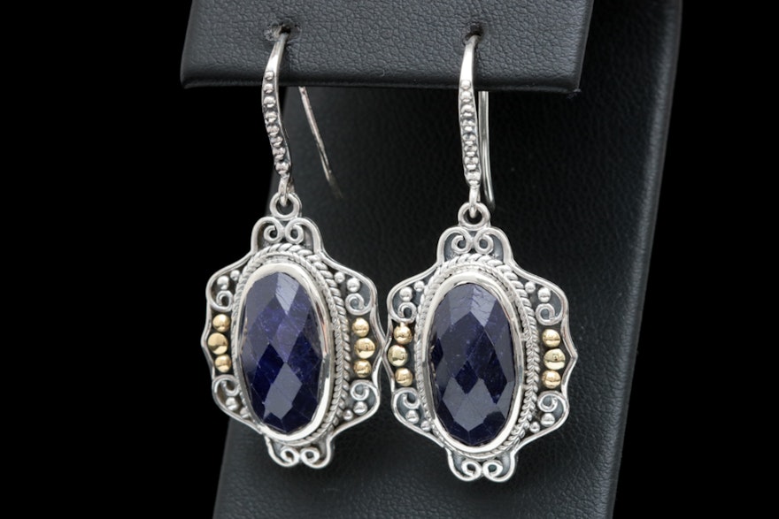 Robert Manse Sterling Silver, 18K Yellow Gold and Dyed Blue Corundum Earrings