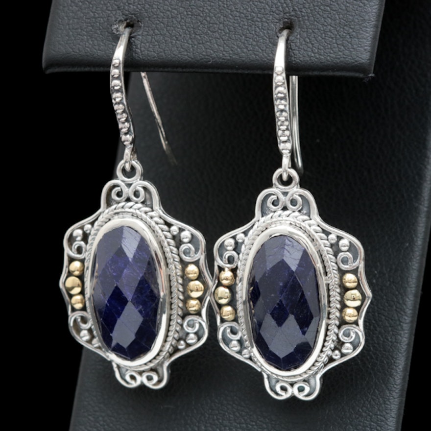 Robert Manse Sterling Silver, 18K Yellow Gold and Dyed Blue Corundum Earrings
