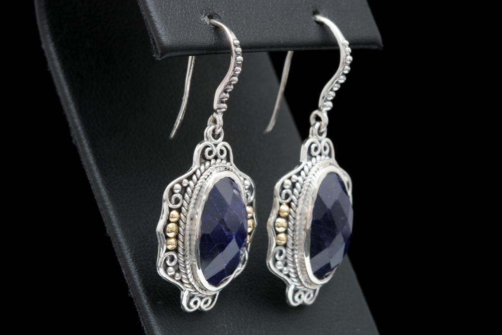 Robert Manse Sterling Silver, 18K Yellow Gold and Dyed Blue Corundum Earrings