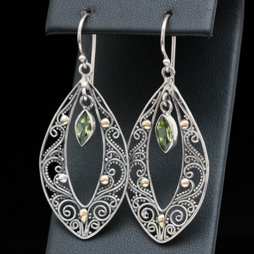 Robert Manse Sterling Silver, 18K Yellow Gold and Peridot Charm Dangle Earrings