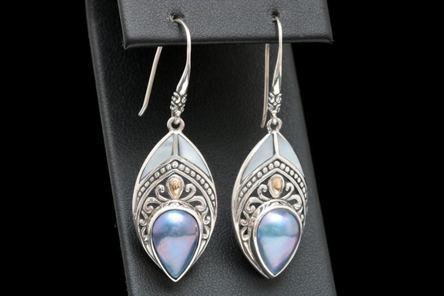 Robert Manse Sterling Silver, 18K Yellow Gold and Blue Mabé Pearl Earrings