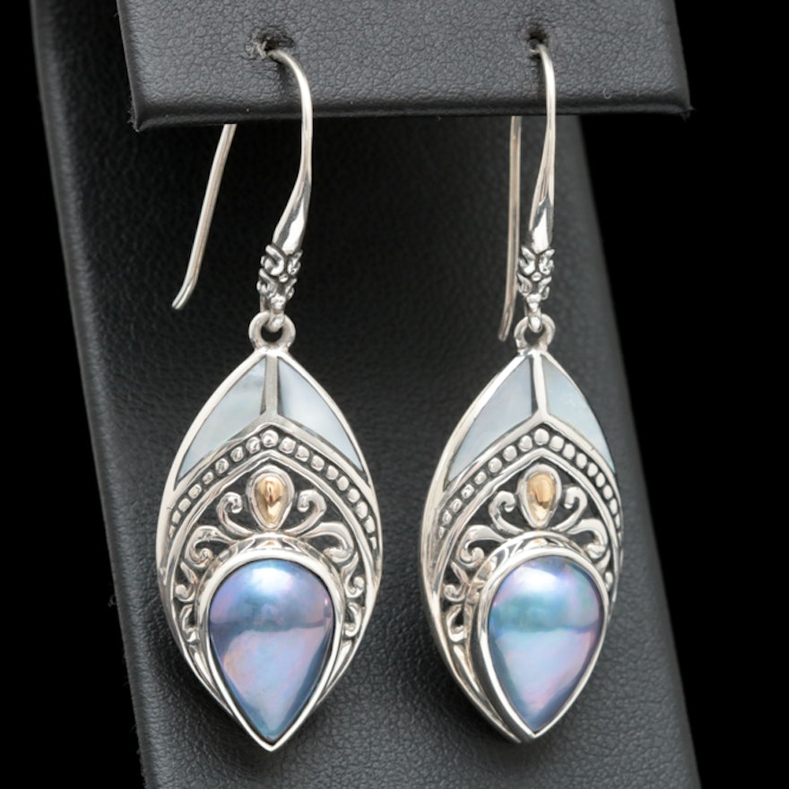 Robert Manse Sterling Silver, 18K Yellow Gold and Blue Mabé Pearl Earrings