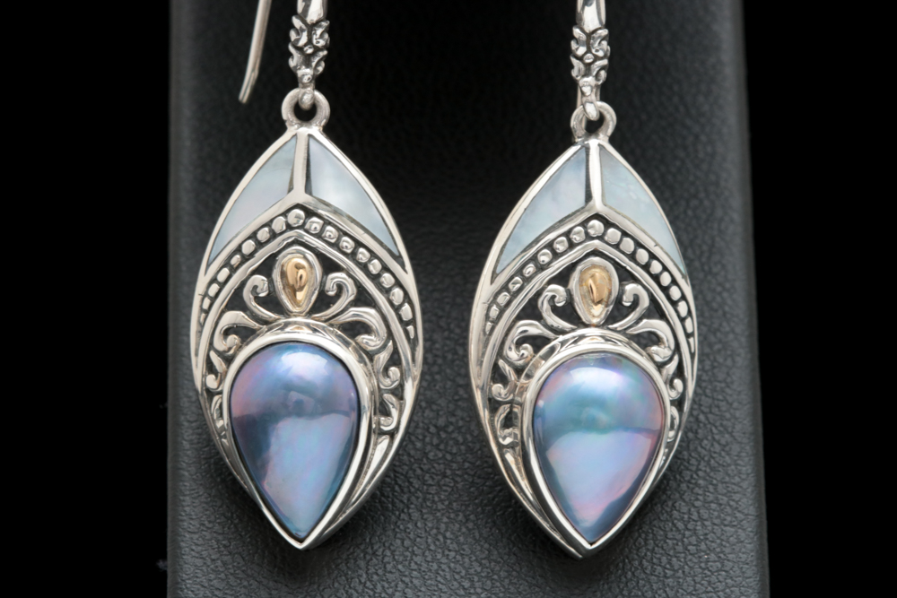 Robert Manse Sterling Silver, 18K Yellow Gold and Blue Mabé Pearl Earrings