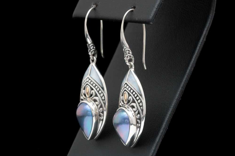 Robert Manse Sterling Silver, 18K Yellow Gold and Blue Mabé Pearl Earrings
