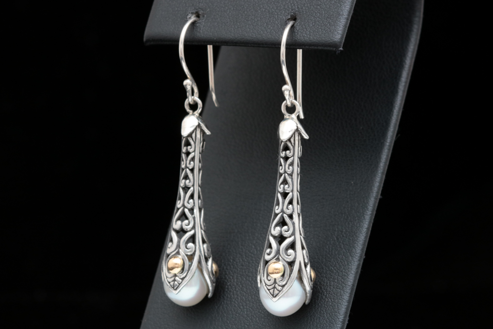 Sterling Silver, 18K Yellow Gold and Pearl Dangle Earrings