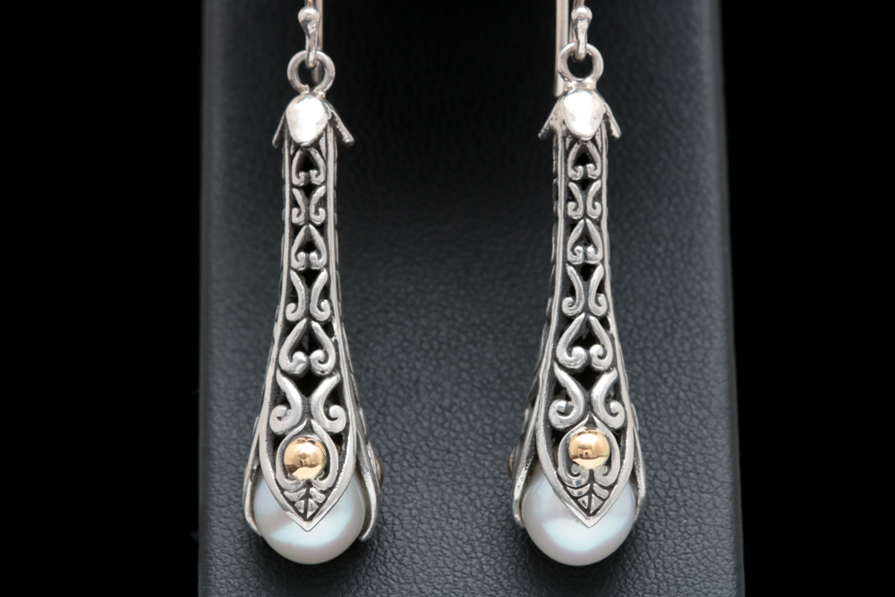 Sterling Silver, 18K Yellow Gold and Pearl Dangle Earrings