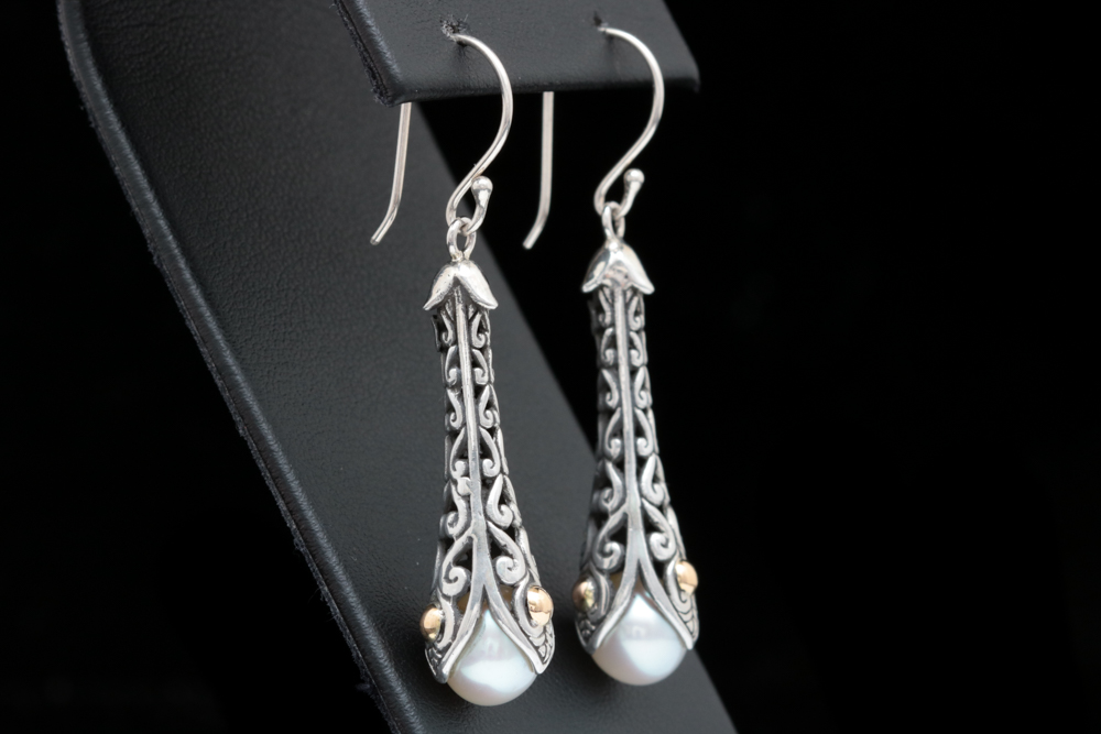Sterling Silver, 18K Yellow Gold and Pearl Dangle Earrings