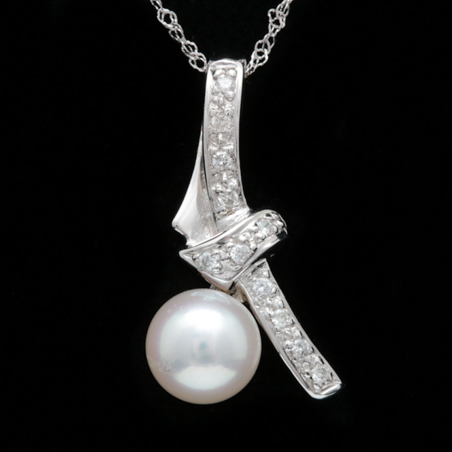 14K White Gold, Freshwater Pearl and Diamond Pendant with Chain