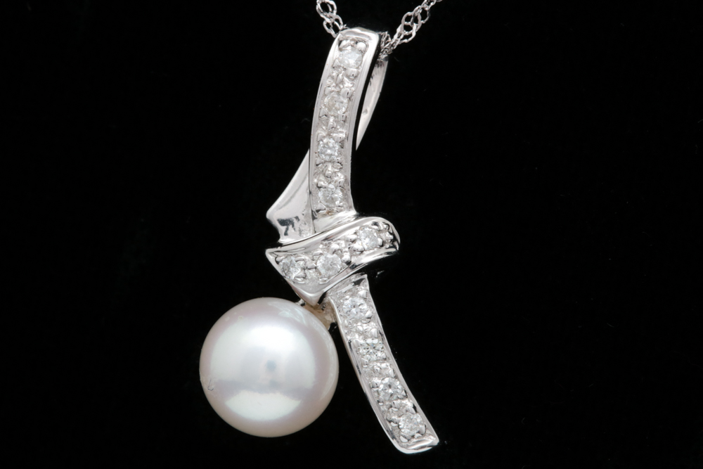 14K White Gold, Freshwater Pearl and Diamond Pendant with Chain