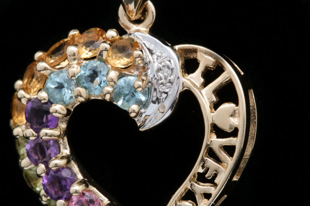 10K Yellow Gold, Multi-Gemstone and Diamond Heart Pendant with Chain