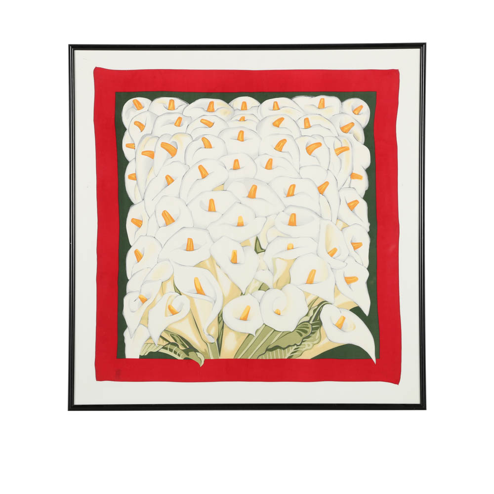 Printed Silk Scarf Featuring Calla Lilies in the Style of Diego Rivera