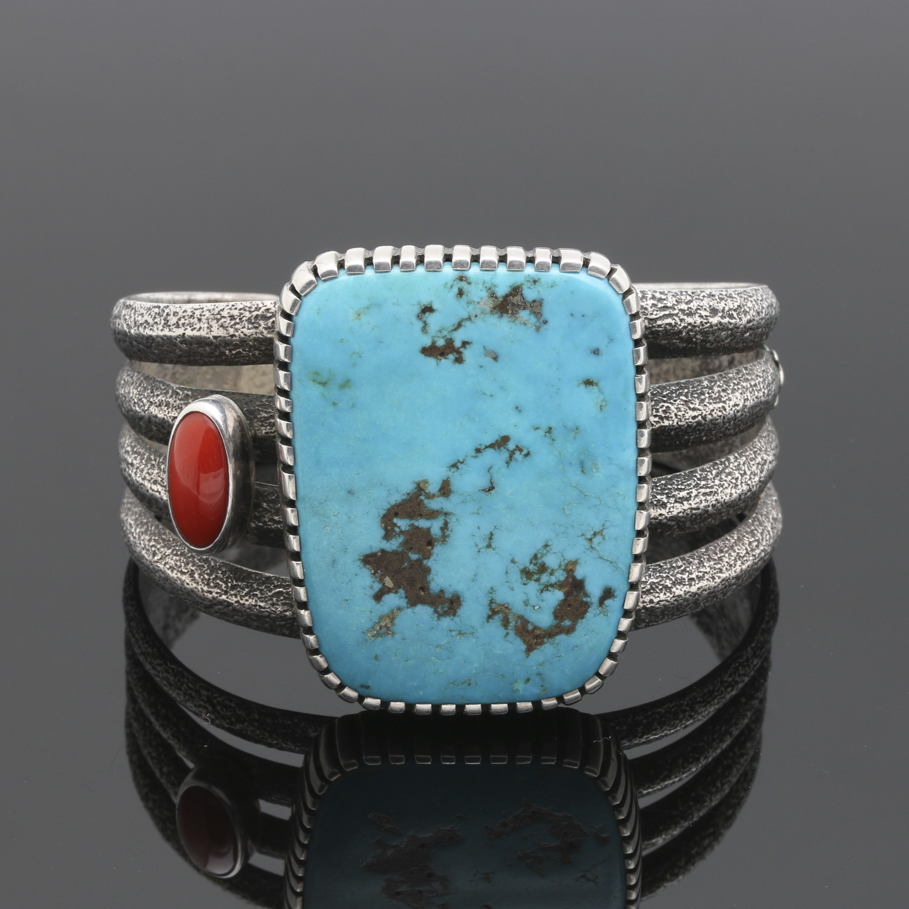 Robert Sorrell Navajo Diné Sterling Silver Turquoise and Coral Tufa Cast  Cuff | Everything But The House