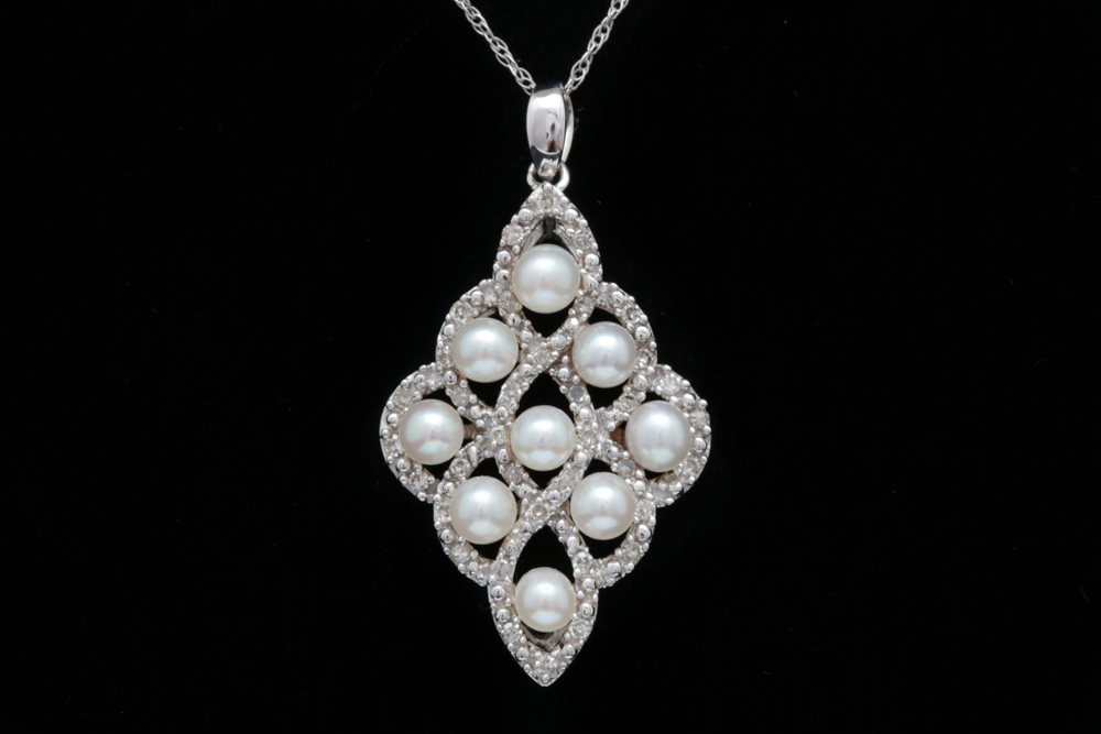 10K White Gold, Freshwater Pearl and Diamond Pendant with Chain