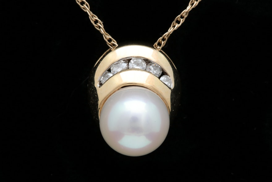 10K Yellow Gold, Freshwater Pearl and Diamond Pendant with Chain