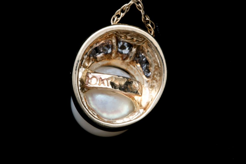 10K Yellow Gold, Freshwater Pearl and Diamond Pendant with Chain