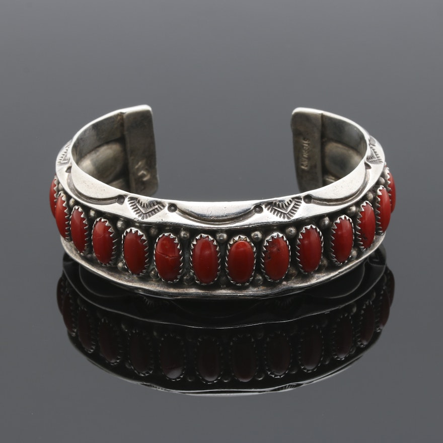 Navajo Diné Sterling Silver Coral Cuff Bracelet