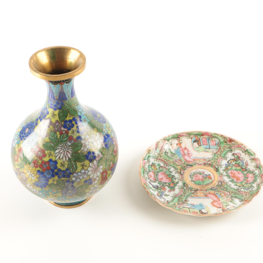East Asian Cloisonné Vase with "Rose Medallion" Plate