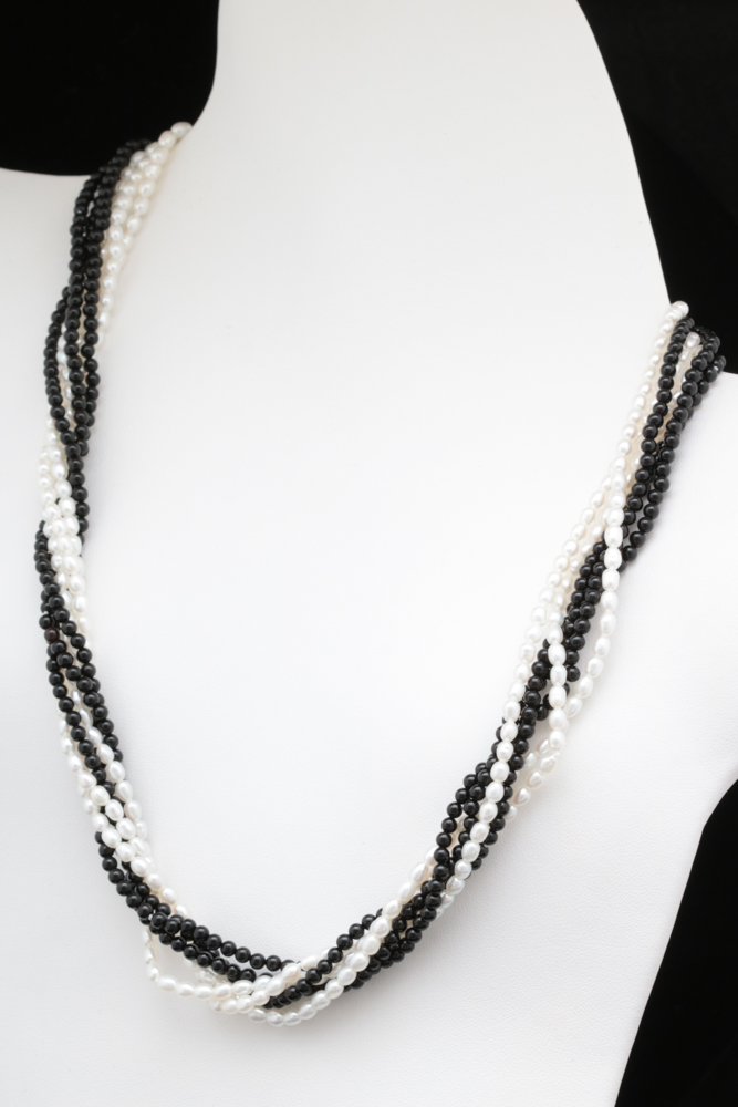 14K Yellow Gold, Freshwater Pearl and Black Chalcedony Three Strand Necklace