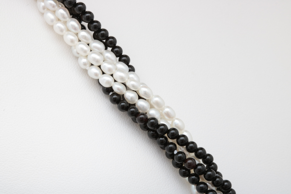 14K Yellow Gold, Freshwater Pearl and Black Chalcedony Three Strand Necklace