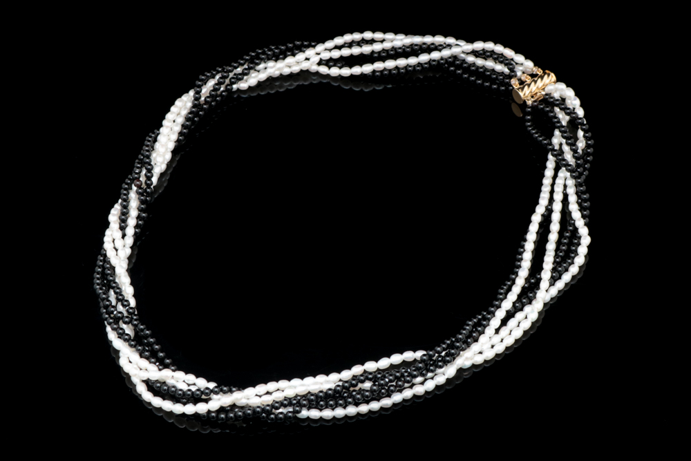 14K Yellow Gold, Freshwater Pearl and Black Chalcedony Three Strand Necklace