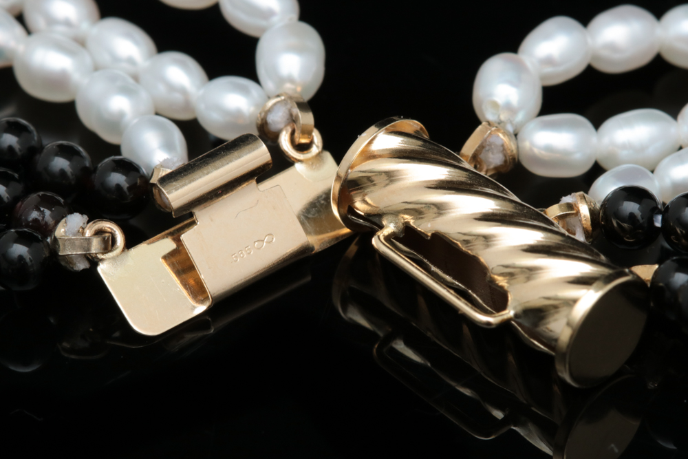 14K Yellow Gold, Freshwater Pearl and Black Chalcedony Three Strand Necklace