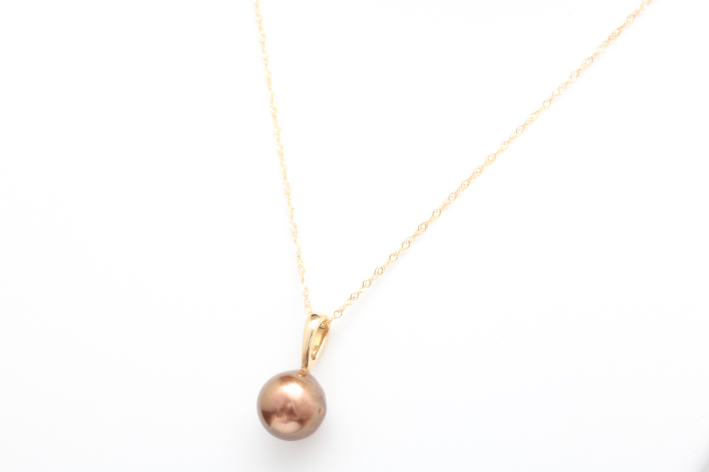14K Yellow Gold and Brown Freshwater Pearl Pendant with Chain