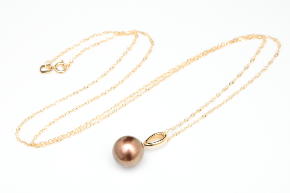 14K Yellow Gold and Brown Freshwater Pearl Pendant with Chain
