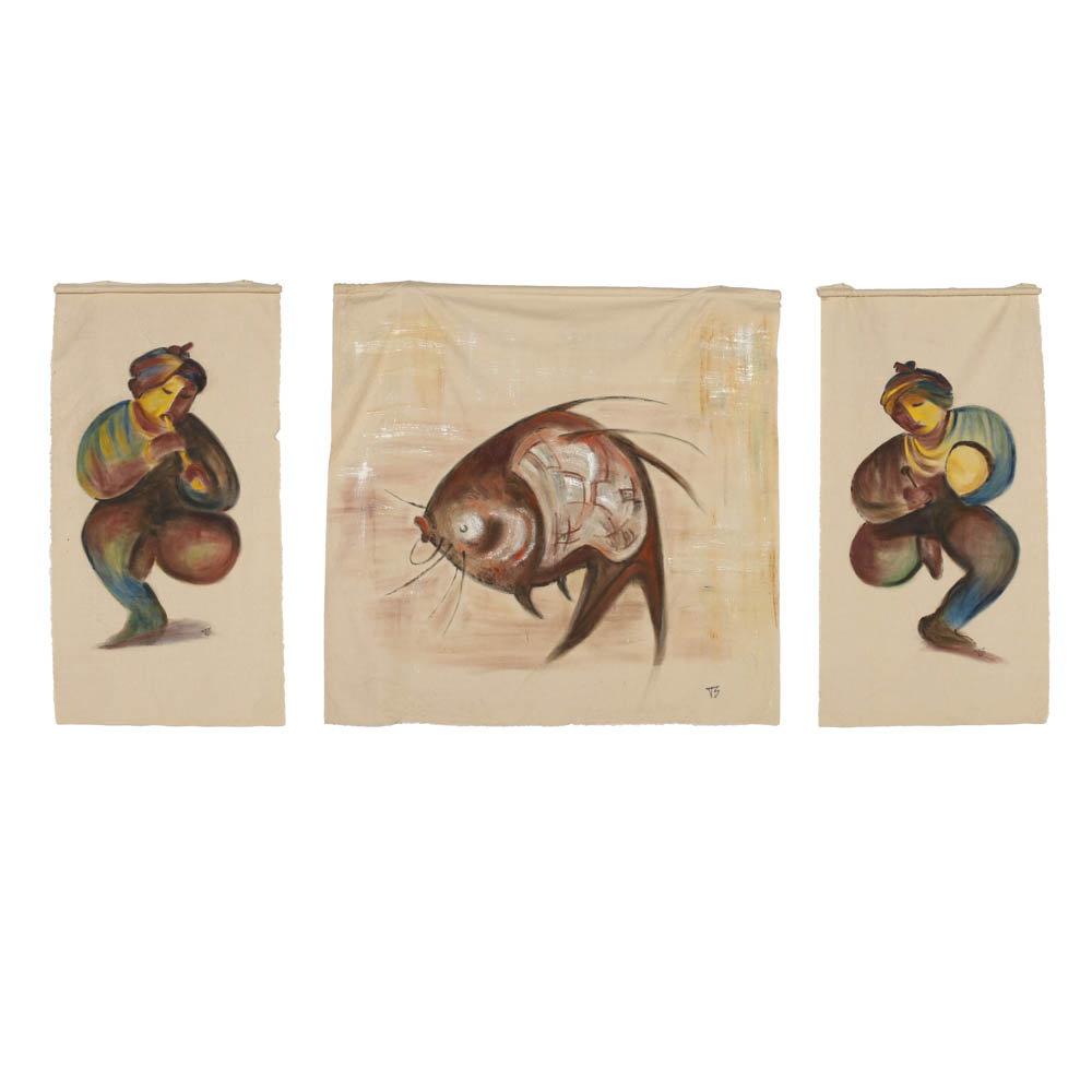 Jacqueline Saporiti Oil Paintings of Figures and a Fish