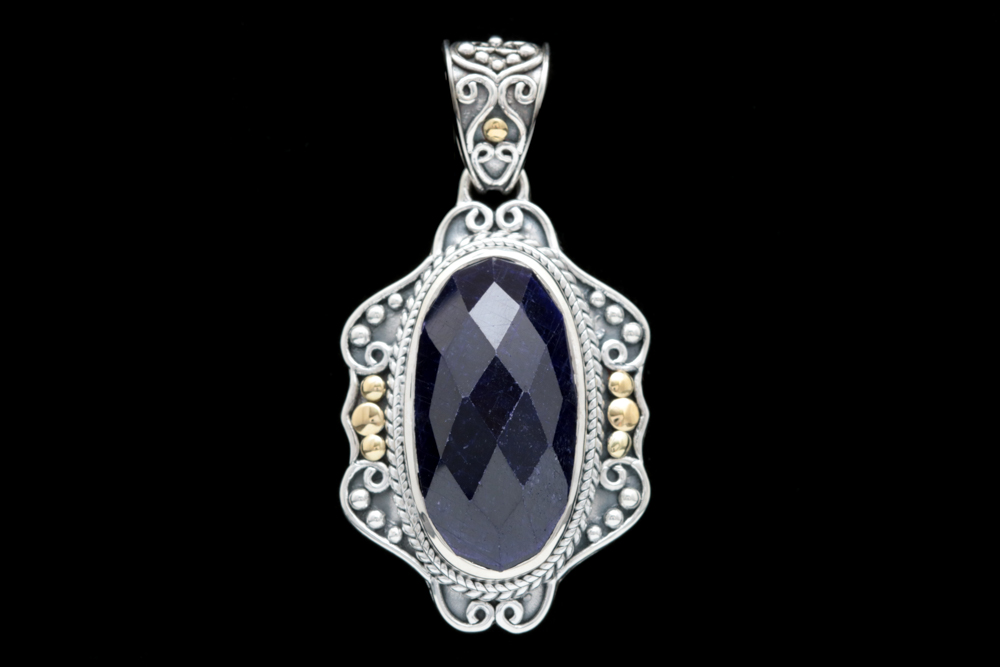 Robert Manse Sterling Silver, 18K Yellow Gold and Dyed Blue Corundum Pendant